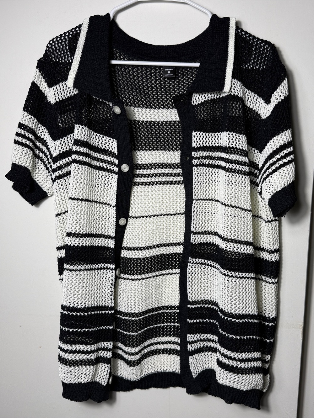 Manfinity Mesh Knit Resort Shirt Men's Medium Black White Striped Coastal Beach